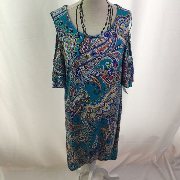 RN Studio Cold Shoulder Paisley Dress Turq Multi 6 - Picture 13 of 16